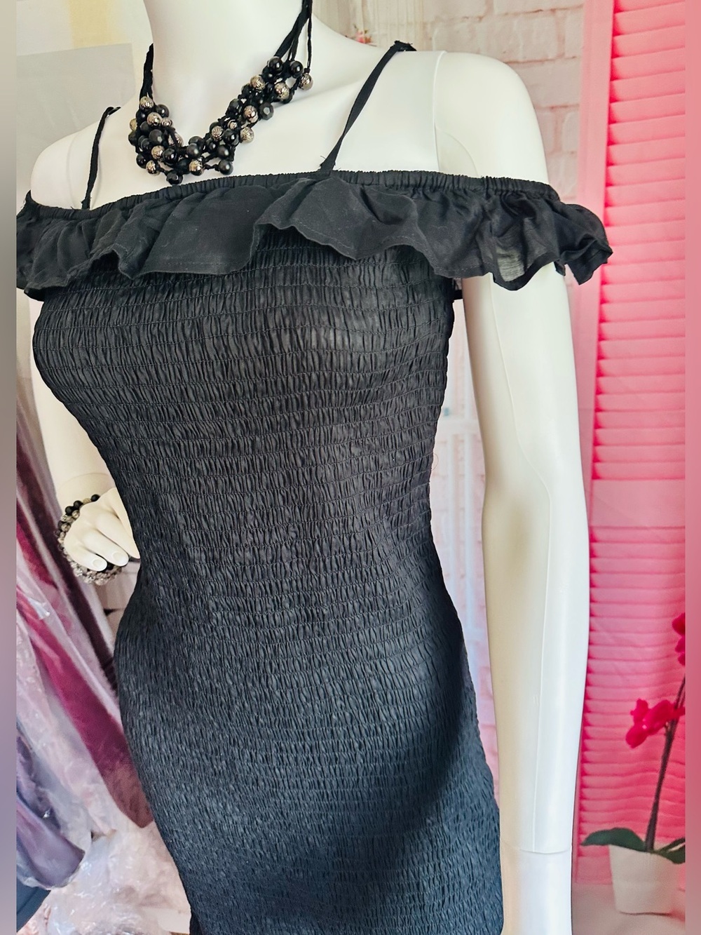 Anthropologie Black Smocked Ruffle Off-Shoulder Dress - Picture 7 of 15